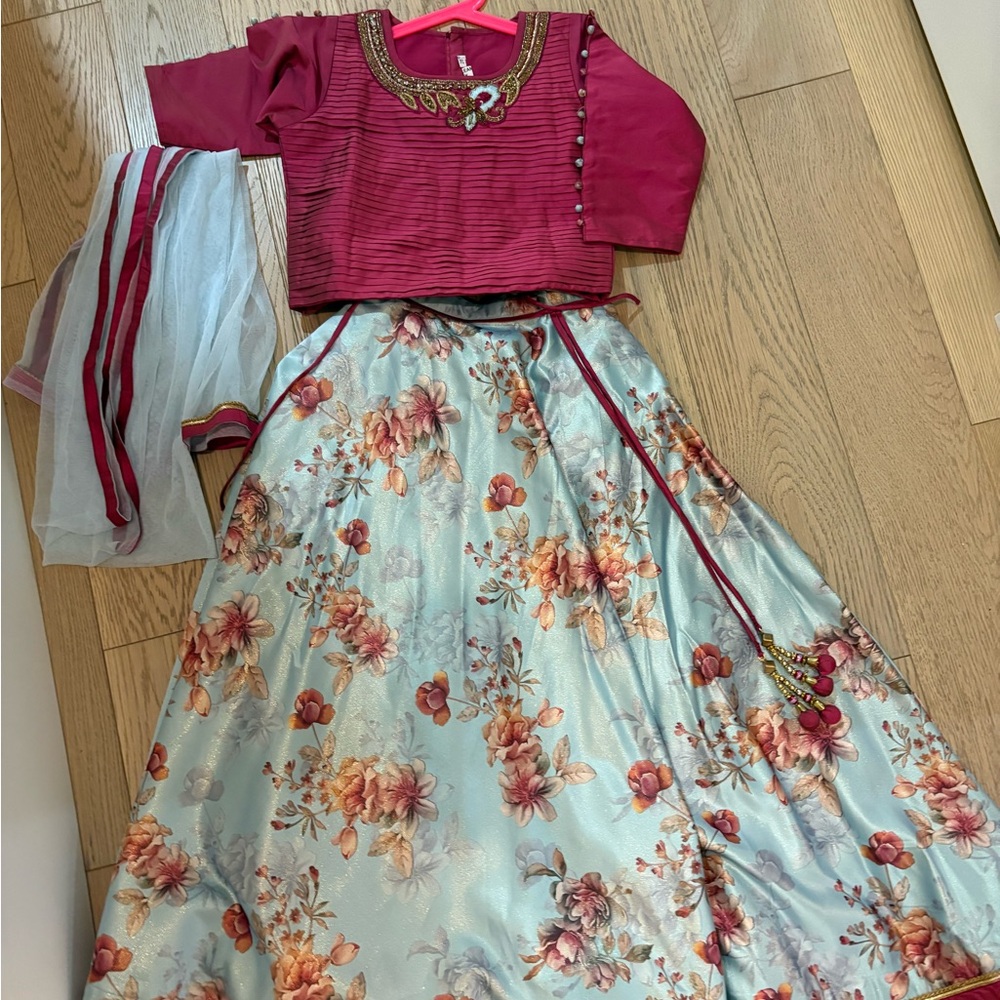 Maroon and Sky Blue Floral Kids Indian lehenga